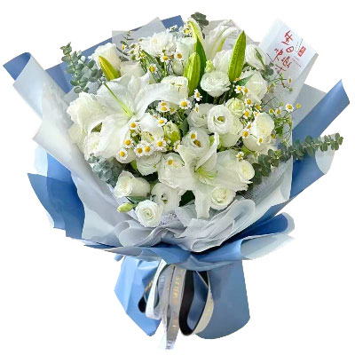 楚雄11朵白玫瑰桔梗百合，爱永恒不息