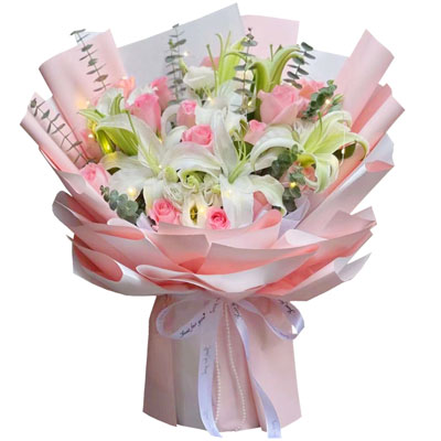 楚雄16朵粉玫瑰百合,感情稳定坚固